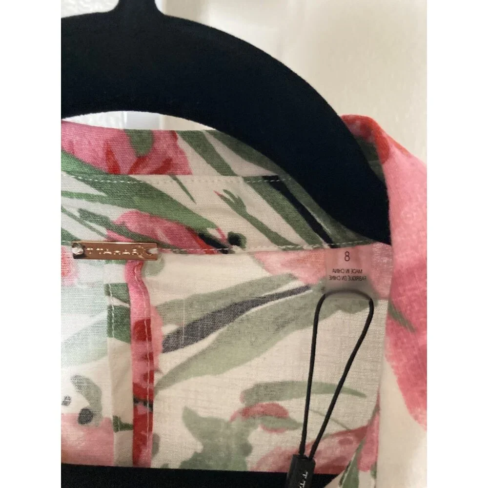 T Tahari  Hibiscus Pink and Green Linen Sleeveless Floral Dress Varies NWT - Picture 3 of 10